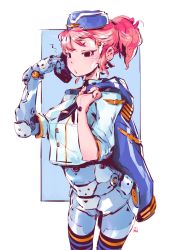 Rule 34 | 1girl, andrewcockroach, black nails, blue hat, blue jacket, closed mouth, cyborg, fingernails, hands up, hat, holding, holding clothes, holding jacket, jacket, mechanical arms, nail polish, original, pink hair, red eyes, single mechanical arm, solo, standing, twintails, unworn jacket