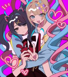 Rule 34 | 2girls, :d, :|, ame-chan (needy girl overdose), black bow, black bowtie, black eyes, black hair, black skirt, blonde hair, blue eyes, blue shirt, blush, bow, bowtie, cellphone, chouzetsusaikawa tenshi-chan, closed mouth, cowboy shot, dual persona, expressionless, hair bow, hair intakes, hand up, head tilt, heart, highres, holding, holding phone, long hair, long sleeves, looking at phone, looking at viewer, multiple girls, needy girl overdose, notice lines, open mouth, parted bangs, phone, pink background, pleated skirt, shino8504, shirt, sidelocks, simple background, skirt, smartphone, smile, suspender skirt, suspenders, twintails, v, very long hair, white shirt