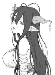 Rule 34 | 1girl, ahoge, bandaged arm, bandages, bare shoulders, breasts, coelacanth (gyotaku), danua, granblue fantasy, greyscale, hair between eyes, horns, jewelry, long hair, monochrome, open mouth, pointy ears, simple background, solo, teeth, tongue, upper body, white background