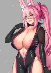 Rule 34 | 1girl, animal ear fluff, animal ears, areola slip, black bodysuit, blush, bodysuit, bow, breasts, center opening, choker, cleavage, fate/grand order, fate (series), fox ears, fox girl, fox tail, glasses, hair between eyes, hair bow, hip vent, kisaragi nana, koyanskaya (assassin) (first ascension) (fate), koyanskaya (fate), large breasts, long hair, navel, open mouth, pink bow, pink hair, ponytail, sidelocks, smile, solo, sweat, tail, tamamo (fate), yellow eyes
