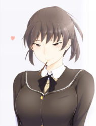 Rule 34 | 1girl, amagami, black eyes, black hair, blush, breasts, food, heart, highres, large breasts, looking at viewer, mouth hold, pocky, pocky kiss, ponytail, sasaki akira (ugc), school uniform, shared food, simple background, smile, solo, tsukahara hibiki, white background