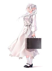 Rule 34 | 1girl, absurdres, black footwear, blush, bow, buttons, closed mouth, collared shirt, dangle earrings, dress, dress bow, earrings, eyeshadow, frieren, full body, green eyes, grey hair, highres, holding, holding suitcase, jewelry, long hair, long sleeves, looking to the side, machulanko, makeup, orange eyeshadow, pointy ears, puffy long sleeves, puffy sleeves, shadow, shirt, shoes, simple background, socks, solo, sousou no frieren, standing, striped bow, striped clothes, striped dress, suitcase, twintails, white background, white bow, white dress, white shirt, white socks