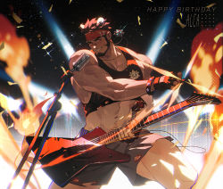 Rule 34 | 1boy, abs, alca (wakatanka4), amo (amo9612), animal ears, bara, bare arms, beard, black hair, black tank top, cable, commission, confetti, electric guitar, facial hair, feet out of frame, grey shorts, guitar, highres, holding, holding instrument, holding plectrum, instrument, jewelry, lion boy, lion ears, lion tail, looking at viewer, male focus, mature male, microphone, microphone stand, muscular, muscular male, music, navel, navel hair, necklace, nipples, original, pectorals, playing instrument, plectrum, red eyes, short hair, shorts, sidepec, singing, smile, solo, sparkle, stomach, tail, tank top, thick eyebrows, thick thighs, thighs, wind