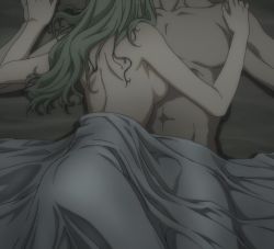 Rule 34 | 1boy, 1girl, 428, ass, back, backboob, bed, breast press, breasts, canaan (series), green hair, hakko (canaan), highres, holding hands, long hair, lying on another, muscular, nude, screencap, sexually suggestive, sideboob, stitched, thighs, third-party edit