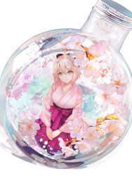 Rule 34 | 1girl, ahoge, air bubble, black bow, blonde hair, blush, bow, brown eyes, bubble, cherry blossoms, closed mouth, fate (series), flask, flower, hair bow, hakama, hakama skirt, highres, in container, japanese clothes, kimono, koha-ace, long sleeves, looking at viewer, okita souji (fate), okita souji (koha-ace), own hands together, pink flower, pink kimono, purple hakama, round-bottom flask, short hair, shutsuri, sitting, skirt, smile, solo, twitter username, wide sleeves