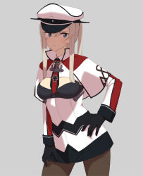 Rule 34 | 10s, 1girl, black bra, black gloves, blonde hair, blue eyes, bra, brown pantyhose, capelet, cleavage cutout, clothing cutout, cross, eight tohyama, expressionless, gloves, graf zeppelin (kancolle), grey background, hand on own hip, hat, iron cross, kantai collection, leaning forward, long sleeves, looking at viewer, military, military uniform, necktie, pantyhose, red necktie, see-through, simple background, solo, sweatdrop, twintails, underwear, uniform, white hat