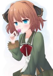 Rule 34 | 1girl, blue eyes, blush, brown hair, candy, food, fur-trimmed jacket, fur trim, green jacket, green sailor collar, green skirt, hachijou (kancolle), hair between eyes, hair ribbon, highres, holding, holding candy, holding food, holding lollipop, jacket, kantai collection, lollipop, looking at viewer, pleated skirt, ribbon, ryouki (ryoki 215), sailor collar, short hair, simple background, skirt, smile, solo, twitter username, upper body