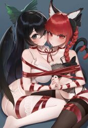 Rule 34 | 2girls, absurdres, animal ears, asymmetrical docking, black bow, black bra, black hair, black thighhighs, black wings, blue background, blush, bound, bow, bra, braid, breast press, breasts, cat ears, cat tail, cleavage, closed mouth, commission, feathered wings, garter belt, green bow, hair between eyes, hair bow, hantata, highres, holding hands, kaenbyou rin, large breasts, long hair, multiple girls, multiple tails, navel, red eyes, red hair, red ribbon, reiuji utsuho, ribbon, ribbon bondage, simple background, tail, thighhighs, touhou, two tails, underwear, white bra, white thighhighs, wings, yuri