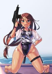 Rule 34 | 1girl, ahagon umiko, barefoot, black one-piece swimsuit, blue eyes, brown hair, competition swimsuit, dark-skinned female, dark skin, full body, gluteal fold, gun, hair ribbon, kneeling, long hair, looking at viewer, low-tied long hair, natori youkai, new game!, one-piece swimsuit, ribbon, see-through, shirt, solo, swimsuit, swimsuit under clothes, tied shirt, very long hair, weapon, wet, wet clothes, white ribbon