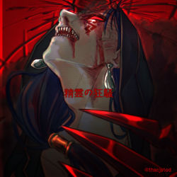 Rule 34 | 1boy, bad id, bad pixiv id, beads, blood, blood on face, blue hair, claw (weapon), cu chulainn (fate), cu chulainn (fate) (all), cu chulainn (fate/stay night), cu chulainn alter (fate), cu chulainn alter (fate/grand order), dark blue hair, dark persona, earrings, facepaint, fate/grand order, fate (series), hair beads, hair ornament, highres, hood, hood up, jewelry, lancer, long hair, male focus, monster boy, open mouth, ponytail, red eyes, scanlines, sharp teeth, solo, spikes, teeth, tensei (thscjstod), translation request, twitter username, type-moon, veins, weapon