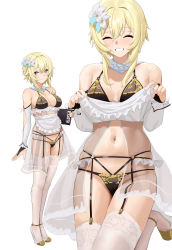 Rule 34 | 1girl, apron, apron lift, arm at side, bare shoulders, black bra, black panties, blonde hair, blush, bra, breasts, bridal gauntlets, cameltoe, chela77, closed eyes, closed mouth, clothes lift, detached sleeves, flower, frilled apron, frilled sleeves, frills, full body, garter straps, genshin impact, grin, hair flower, hair ornament, halterneck, high heels, highres, holding, lace, lace-trimmed legwear, lace trim, leg up, lifting own clothes, lingerie, looking at viewer, lumine (genshin impact), medium breasts, multiple views, navel, o-ring, panties, parted lips, see-through, short hair with long locks, simple background, skindentation, smile, sweat, thighhighs, thighs, two-tone footwear, underwear, waist apron, white background, white flower, white footwear, white sleeves, white thighhighs, yellow eyes