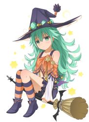 Rule 34 | 1girl, bad id, bad pixiv id, broom, broom riding, capelet, date a live, green eyes, green hair, hat, kneehighs, long hair, looking at viewer, natsumi (date a live), over-kneehighs, shoulder strap, socks, thighhighs, wavy hair, witch hat