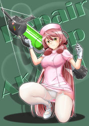 Rule 34 | 1girl, akashi (kancolle), character name, full body, glint, gloves, green background, green eyes, hair ribbon, hat, holding, holding weapon, kantai collection, lens flare, long hair, looking at viewer, moke ro, nurse, nurse cap, on one knee, oversized object, panties, panties under pantyhose, pantyhose, pink hair, ribbon, simple background, solo, squatting, syringe, tress ribbon, underwear, weapon, white gloves, white panties, white pantyhose