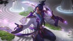 Rule 34 | 1boy, absurdres, black hair, collared shirt, gloves, grass, green shirt, hakama, highres, holding, holding weapon, jacket, japanese clothes, league of legends, long sleeves, master yi, official alternate costume, official art, outdoors, over shoulder, parted bangs, pleated pants, ponytail, purple gloves, second-party source, shirt, short hair, smile, solo, spirit blossom master yi, sunglasses, tinted eyewear, weapon, weapon over shoulder, white jacket