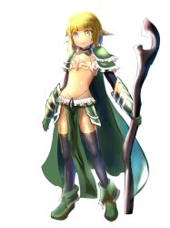 Rule 34 | 1boy, armor, artist request, black thighhighs, blonde hair, blue eyes, boots, bracer, breastplate, cape, closed mouth, dark-skinned male, dark skin, full body, green eyes, green footwear, heterochromia, loincloth, mare bello fiore, navel, overlord (maruyama), pointy ears, short hair, shoulder armor, simple background, solo, staff, standing, thighhighs, trap, white background
