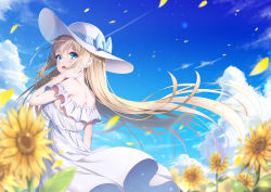 Rule 34 | 1girl, absurdres, aqua eyes, back, blonde hair, blue sky, breasts, cloud, commentary request, day, dress, flower, frilled dress, frills, hand in own hair, hat, highres, long hair, looking at viewer, looking to the side, medium breasts, original, outdoors, petals, shoulder blades, sideboob, sidelocks, sky, smile, solo, standing, summer, sun hat, sundress, sunflower, takemura kou, white dress, white hat