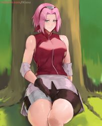 Rule 34 | 1girl, bike shorts, blush, elbow sleeve, feet out of frame, gloves, grass, green eyes, hands on own hips, haruno sakura, headband, kisou (kisou00), looking at viewer, naruto, naruto (series), on ground, parted bangs, pink hair, pink skirt, red vest, short hair, shorts, signature, skirt, smile, solo, thick thighs, thighs, tree, vest, zipper