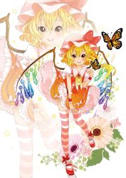 Rule 34 | 1girl, :p, ascot, bad id, bad pixiv id, berry jou, blonde hair, blush, bow, brooch, bug, butterfly, embellished costume, female focus, flandre scarlet, flower, hat, hat bow, insect, jewelry, mary janes, shoes, short hair, side ponytail, skirt, skirt set, solo, striped clothes, striped thighhighs, thighhighs, tongue, tongue out, touhou, wings, wrist cuffs, yellow eyes, zoom layer