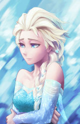 Rule 34 | 1girl, bare shoulders, blonde hair, blue dress, blue eyes, braid, breasts, close-up, commentary, dress, elsa (frozen), english commentary, flower, freckles, frozen (disney), hair flower, hair ornament, hair over shoulder, highres, jitome, light smile, long hair, looking down, medium breasts, off shoulder, oopartz yang, single braid, snowflakes, solo, upper body