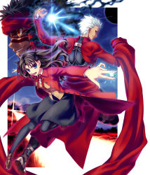 Rule 34 | 00s, 1girl, 2boys, angra mainyu (fate), archer (fate), back-to-back, between fingers, boots, brown hair, cape, city, coat, dark-skinned male, dark skin, fate/hollow ataraxia, fate/stay night, fate (series), floating hair, foreshortening, full-body tattoo, full body, grin, hiroyama hiroshi, holding, light, long hair, looking at viewer, looking back, multiple boys, neck ribbon, outdoors, overcoat, pantyhose, ribbon, school uniform, shoes, short hair, skirt, smile, tattoo, tohsaka rin, twintails, two side up, white hair