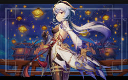 Rule 34 | 1girl, ahoge, architecture, backless outfit, bare shoulders, bell, black gloves, black pantyhose, blue hair, breasts, chinese knot, cowboy shot, detached sleeves, east asian architecture, flower knot, from behind, from side, ganyu (genshin impact), genshin impact, gloves, gold trim, highres, lantern, long hair, looking at viewer, low ponytail, medium breasts, neck bell, night, outstretched hand, pantyhose, paper lantern, parted lips, purple eyes, sidelocks, smile, solo, tassel, thighlet, thighs, vision (genshin impact), waist cape, white sleeves, yal (lily910218)