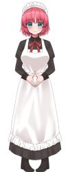 Rule 34 | 1girl, apron, black dress, black footwear, blue eyes, boots, bow, collared dress, dress, duster, frilled apron, frills, full body, head tilt, highres, hisui (tsukihime), holding, juliet sleeves, long sleeves, looking at viewer, maid, maid apron, maid headdress, parted lips, puffy sleeves, red bow, red hair, short hair, solo, standing, tsukihime, white apron, white background
