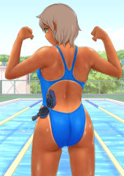 Rule 34 | 1girl, arms up, ass, competition swimsuit, dark skin, dark-skinned female, female focus, gavinekov, goggles, muscle flex, one-piece swimsuit, solo, swim cap, swimsuit, tan, tanline