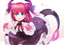 Rule 34 | 1girl, artist name, bent over, black skirt, blue eyes, blush, breasts, cherry blossoms, elizabeth bathory (fate), elizabeth bathory (fate/extra ccc), elizabeth bathory (first ascension) (fate), fangs, fate (series), horns, ion (on01e), looking at viewer, open mouth, pink hair, pointy ears, signature, skirt, small breasts, smile, solo, tail, v-shaped eyebrows