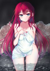 Rule 34 | 1girl, artist name, aties20, bare shoulders, blush, breasts, cleavage, collarbone, baobhan sith (fate), fate/grand order, fate (series), grey eyes, groin, large breasts, long hair, looking at viewer, nail polish, naked towel, pink hair, pink nails, red hair, sidelocks, thick thighs, thighs, towel, very long hair, water, wide hips