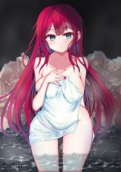 1girl artist_name aties20 bare_shoulders blush breasts cleavage collarbone baobhan_sith_(fate) fate/grand_order fate_(series) grey_eyes groin large_breasts long_hair looking_at_viewer nail_polish naked_towel pink_hair pink_nails red_hair sidelocks thick_thighs thighs towel very_long_hair water wide_hips