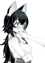 Rule 34 | 2girls, animal ear fluff, animal ears, blush, braid, breast hold, breasts, female focus, fox ears, greyscale, highres, hololive, jewelry, long hair, monochrome, mouth pull, mukago (mukagomumumu), multiple girls, necklace, ookami mio, sleeveless, solo focus, sweat, teeth, upper body, virtual youtuber