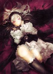 Rule 34 | 00s, boots, doll joints, dress, hairband, joints, knee boots, lying, mokeo, red eyes, rozen maiden, silver hair, solo, suigintou, wings