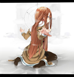 Rule 34 | 1girl, absurdres, bad anatomy, bad id, bad pixiv id, black pantyhose, blue eyes, brown hair, feet, highres, jacket, kame^^, pantyhose under shorts, letterboxed, long hair, looking back, makise kurisu, outstretched arm, pantyhose, poorly drawn, shorts, sitting, solo, steins;gate, wariza