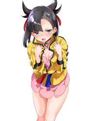 Rule 34 | 1girl, absurdres, alternate costume, asymmetrical bangs, black choker, black hair, blush, breasts, choker, cleavage, commentary request, creatures (company), dress, eyelashes, game freak, green eyes, hair ribbon, highres, jacket, looking at viewer, marnie (pokemon), master dojo uniform, nintendo, open mouth, pink dress, pokemon, pokemon swsh, red ribbon, ribbon, simple background, solo, tongue, toru k, v-shaped eyebrows, white background, zipper pull tab