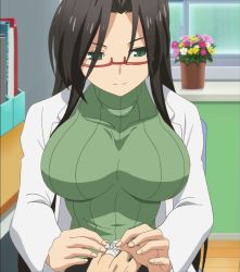 Rule 34 | 10s, 1girl, black hair, breasts, glasses, green eyes, hasegawa chisato, highres, huge breasts, long hair, screencap, shinmai maou no testament, sitting, smile, solo, stitched, sweater, third-party edit