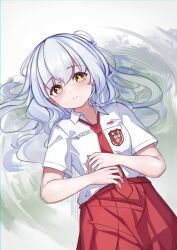 Rule 34 | absurdres, child, highres, indonesia, indonesian elementary school uniform, long hair, looking at viewer, original, smile, white hair, yellow eyes