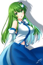 Rule 34 | 1girl, arms at sides, bare shoulders, blue nails, blue skirt, blush, breasts, collared shirt, commentary request, detached sleeves, frog hair ornament, green eyes, green hair, hair ornament, highres, kochiya sanae, large breasts, long hair, long sleeves, looking at viewer, mio1030, nail polish, navel, nontraditional miko, open mouth, shirt, sidelocks, simple background, skirt, snake hair ornament, solo, standing, stomach, touhou, upper body, white background, white shirt, wide sleeves, wing collar