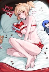 1girl absurdres ahoge alternate_hairstyle arcueid_brunestud armpit_crease barefoot bed belaweb123 blanket blonde_hair blush box breasts candy chocolate chocolate_heart ciel_(tsukihime) english_text feet food happy_valentine heart heart-shaped_box heart-shaped_food highres huge_breasts implied_nudity large_breasts legs navel on_bed pillow ponytail red_eyes red_ribbon resting ribbon short_hair soles stuffed_toy sweatdrop toes tsukihime wide_hips