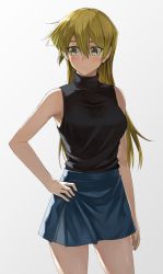 Rule 34 | 1girl, black vest, blonde hair, blue skirt, blush, breasts, closed mouth, cowboy shot, duel academy uniform (yu-gi-oh! gx), frown, gradient background, grey background, hair between eyes, hand on own hip, highres, long hair, medium breasts, miniskirt, rourou ill, shiny skin, skirt, solo, standing, straight hair, sweater, tenjouin asuka, turtleneck, turtleneck sweater, very long hair, vest, white background, yellow eyes, yu-gi-oh!, yu-gi-oh! gx
