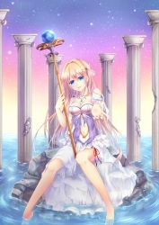 Rule 34 | 1girl, absurdres, bare shoulders, barefoot, blonde hair, blue eyes, blush, commentary request, dress, drill hair, gem, hair between eyes, hair ornament, hairpin, highres, holding, jewelry, long hair, looking at viewer, moon, multicolored clothes, multicolored dress, navel, necklace, nishijou myu, original, outstretched hand, pillar, rock, sitting, sitting on rock, sky, smile, solo, staff, star (sky), water, waves
