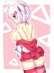 Rule 34 | 1girl, ass, bad id, bad pixiv id, breasts, clothes pull, creatures (company), game freak, gen 3 pokemon, hair ornament, hairclip, highres, jacket, large breasts, latias, legendary pokemon, nintendo, nipples, no bra, personification, pink thighhighs, pokemon, puffy nipples, shirt pull, sideboob, solo, striped clothes, striped thighhighs, tail, thighhighs, wataru (zazazazazazawa), white hair