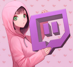 Rule 34 | 1girl, brown hair, freeinni, from side, green eyes, heart, heart background, holding, hood, hood up, hooded sweater, long sleeves, looking at viewer, original, pink background, pink sweater, short hair, sleeves past wrists, solo, sweater, twitch.tv, upper body, witch