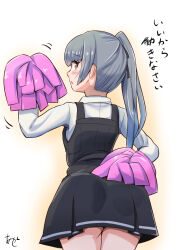 Rule 34 | 1girl, akashieru, ass, brown eyes, collared shirt, commentary request, dress, dress shirt, from behind, grey hair, highres, holding, holding pom poms, kantai collection, kasumi (kancolle), long hair, long sleeves, looking at viewer, looking back, one-hour drawing challenge, pinafore dress, pom pom (cheerleading), pom poms, shirt, side ponytail, simple background, sleeveless, sleeveless dress, solo, translation request, white background, white shirt