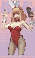 Rule 34 | 1girl, cellphone, character request, collaboration, cowboy shot, cropped legs, daichan mona, highres, holding, holding phone, leotard, nail polish, phone, selfie, smartphone, solo, tagme, tongue