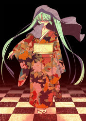 Rule 34 | 1girl, bad id, bad pixiv id, checkered floor, furai, green hair, hatsune miku, highres, japanese clothes, kimono, long hair, perspective, solo, twintails, vocaloid