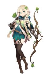 Rule 34 | 1girl, absurdres, aqua eyes, arrow (projectile), artist request, blonde hair, boots, bow (weapon), braid, brown footwear, capelet, dress, eversoul, fold-over boots, full body, gauntlets, green dress, highres, holding, holding bow (weapon), holding weapon, knee boots, lewayne (eversoul), long hair, looking at viewer, low twin braids, official art, parted lips, pointy ears, simple background, solo, tachi-e, thighhighs, transparent background, twin braids, weapon, wooden bow (weapon)