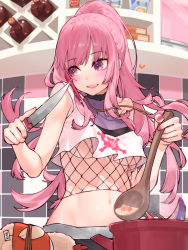 Rule 34 | 1girl, bottle, bound, breasts, cellphone, choker, commentary request, cooking, crop top, face hold, fishnets, food, highres, holding, holding knife, holding ladle, hololive, hololive english, knife, ladle, large breasts, lips, long hair, looking to the side, midriff, mori calliope, mori calliope (streetwear), nail polish, navel, no headwear, official alternate costume, official alternate hairstyle, open mouth, phone, pink eyes, pink hair, pink nails, ponytail, pot, skull print, smartphone, solo, steam, sweatdrop, talking on phone, tied up (nonsexual), underboob, upper body, virtual youtuber, waterring, wine bottle