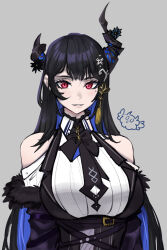 Rule 34 | 1girl, asymmetrical horns, bare shoulders, black hair, blue hair, blush, breasts, colored inner hair, demon horns, fur trim, hair ornament, highres, hololive, hololive english, horns, jailbird (nerissa ravencroft), large breasts, long hair, looking at viewer, mole, mole under eye, multicolored hair, nerissa ravencroft, nerissa ravencroft (1st costume), red eyes, seiyaofabyss, smile, solo, two-tone hair, uneven horns, virtual youtuber