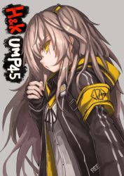 Rule 34 | 1girl, 404 (girls&#039; frontline), armband, black jacket, brown eyes, character name, collared jacket, commentary request, crossed bangs, girls&#039; frontline, grey background, grey hair, hair between eyes, hood, hood down, hooded jacket, jacket, long hair, one side up, onyanpi, open clothes, open jacket, scar, scar across eye, scar on face, shirt, solo, symbol, ump45 (girls&#039; frontline), white shirt