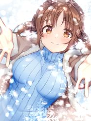 Rule 34 | 1girl, blue sweater, breasts, brown coat, brown eyes, brown hair, capelet, closed mouth, coat, fur-trimmed capelet, fur trim, idolmaster, idolmaster cinderella girls, incoming hug, large breasts, looking at viewer, reaching, reaching towards viewer, ribbed sweater, shiitake taishi, short hair, smile, snowflakes, solo, sweater, totoki airi, turtleneck, turtleneck sweater, twintails